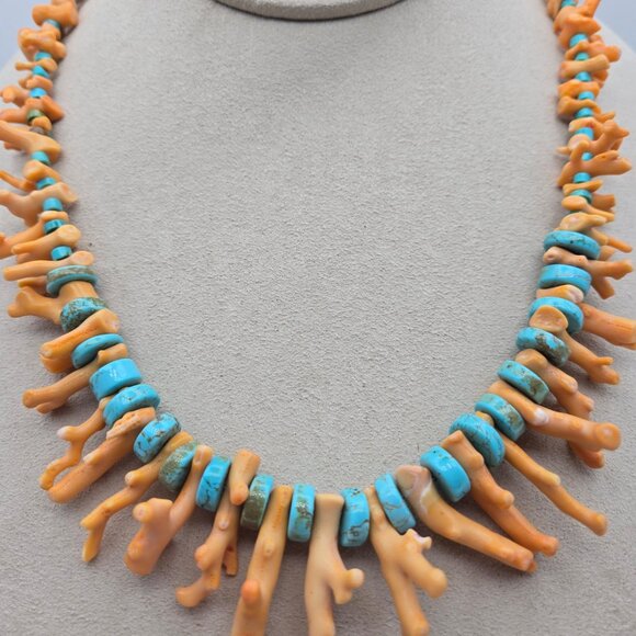 Natural Rare Orange Branch Coral with Persian Turquoise Necklace - Picture 5 of 5